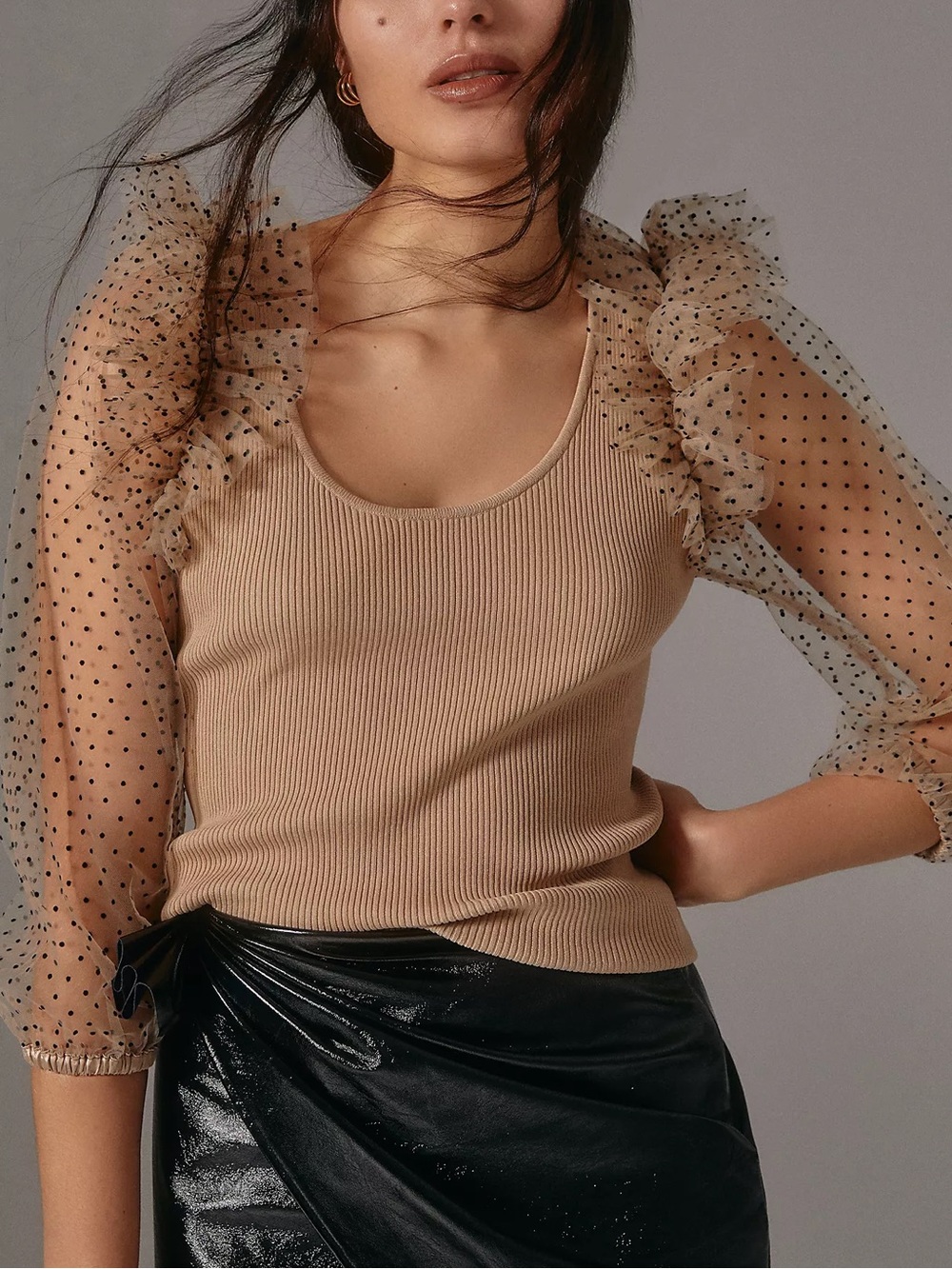 DOLAN Anthropologie Sheer Sleeve Polka Dot Ribbed Top Beige XS Ruffle Statement